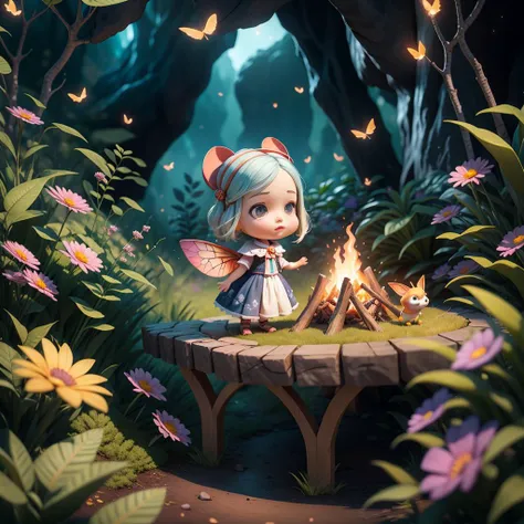 Digital Art,photoRealstic、 prety woman（nendroid）  、Rays around the woman（Fire Spirit, Water Spirit, Earth Spirit）, Solo Camping,  bio luminescent、butterflys
