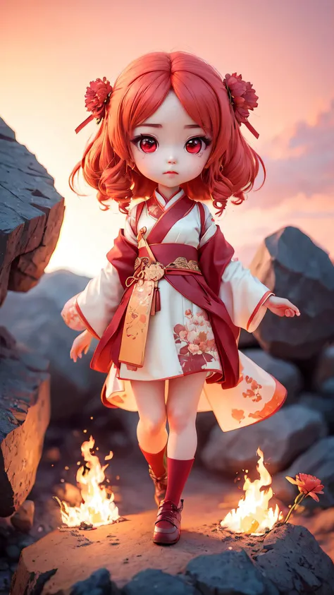 masterpiece, best quality, 1girl, hanfu,look up to,full body,looking up, red eyes,red hair, red flower clothes,beauty eye,backlighting, full body,chibi, fire,Magma,rock,<lora:blindbox_v1_mix:0.9> ,perfect ratio,chin grab, <lora:epi_noiseoffset2:1>,