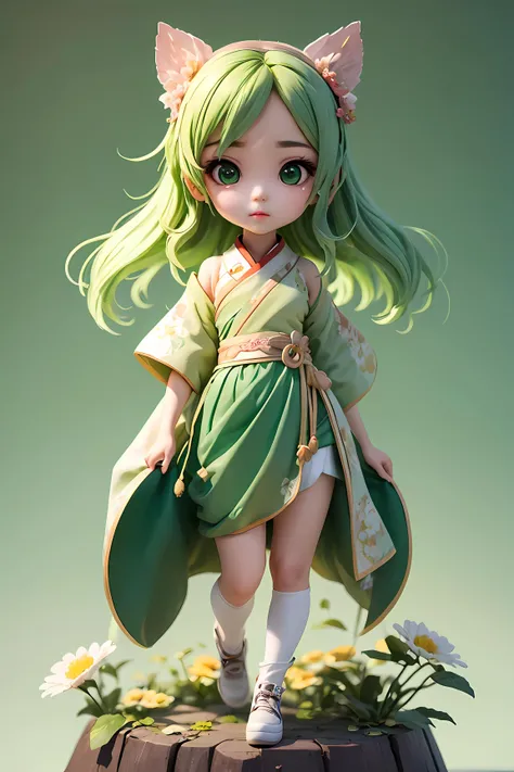 masterpiece, best quality, 1girl, hanfu,look up to,,looking up, green eyes,green hair, green flowers clothes,beauty eye,backlighting, simple background, full body,chibi, <lora:blindbox_V1Mix:0.9>,perfect ratio,chin grab,<lora:epiNoiseoffset_v2:1>