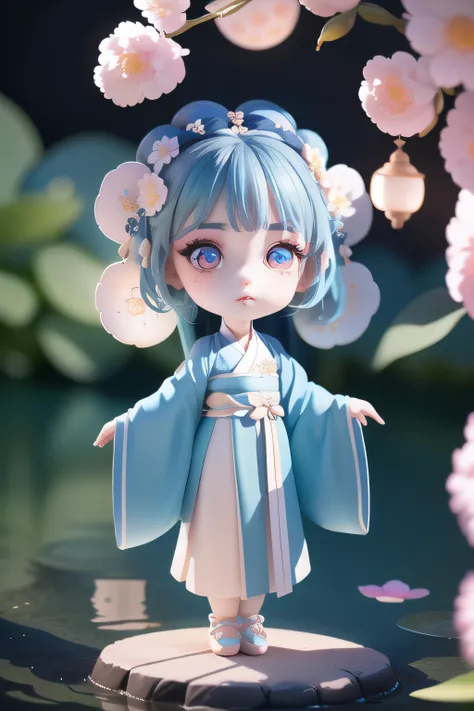 (masterpiece),(best quality),(ultra-detailed), (full body:1.2)
1 girl,(Soft light and shadow),(big head), big eyes,(small body), lovely makeup,
neon palette, blue hair, hair ornament
(beautiful detailed face), (beautiful detailed eyes:1.12), (looking at viewer), hanfu, outdoors, vivid color, flower, river, night, lantern,