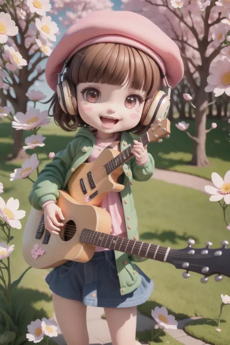 (masterpiece),(best quality),(ultra-detailed), (full body:1.2), 1girl,chibi,cute, smile, open mouth, flower, outdoors, playing guitar, music, beret, holding guitar, jacket, blush, tree, :3, shirt, short hair, cherry blossoms, green headwear, blurry, brown hair, blush stickers, long sleeves, bangs, headphones, black hair, pink flower, (beautiful detailed face), (beautiful detailed eyes), <lora:shouban_01:1>