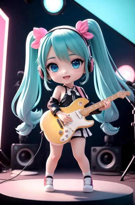 (masterpiece), (best quality), (ultra-detailed), (photorealistic), (full body:1.2), chibi, 1girl, Hatsune Miku with wireless mic gear, several brightly colored stripes on top of dark clothing with unique textures and patterns visible, electric guitar, intricate geometric patterns, pure joy, behind dynamic lights projected onto large video screens enveloping the stage, looking at viewer, (beautiful detailed eyes), vibrant neon hues, cinematic lightning <lora:blindbox_V1Mix:1>