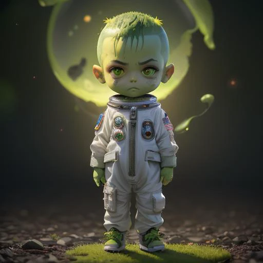 ((Best Quality)), ((masterpiece)), ((realistic)), ((full body:1.5)), chibi, zombie, 1boy, cute, green skin, (green buzz cut), (scar), confident light smile, green astronaut costume, astronaut shoes, bokeh, bloom, blurred background, melting_heart, Vivid Colors,style of Pixar, full body, masterpiece, highres, 8k, <lora:blindbox_V2:1>