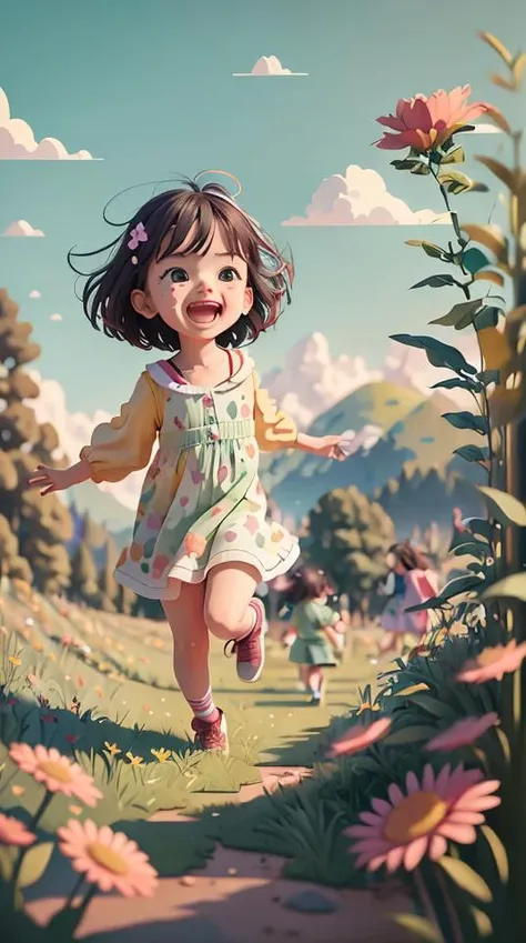 Super cute little man，Round face and round eyes，A solid color with a plane that is highly saturated，Cartoony，Vivid 3:4 Super cute and healing kids，Cute and lively little girl under blue sky，mid - length hair，Wear a long skirt，Laughing，Green meadows，running towards the viewer，It is surrounded by trees，facing to audience，Behind it is the forest，Cartoon style, Anime from the 1980s，pastelcolor，Fine gloss，4K，ultra - detailed