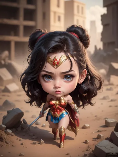 a fat baby girl wearing wonder woman baby costume, cute pose, very cute, detailed face, detailed fat body, detailed outfit (reality: 1.4), (A hyper-realistic), (high resolution), (8K), (highly detailed), ( Best Illustration), (detailed eyes), (ultra-detailliert), Bright lighting, Professional Lighting, The background is the battlefield.