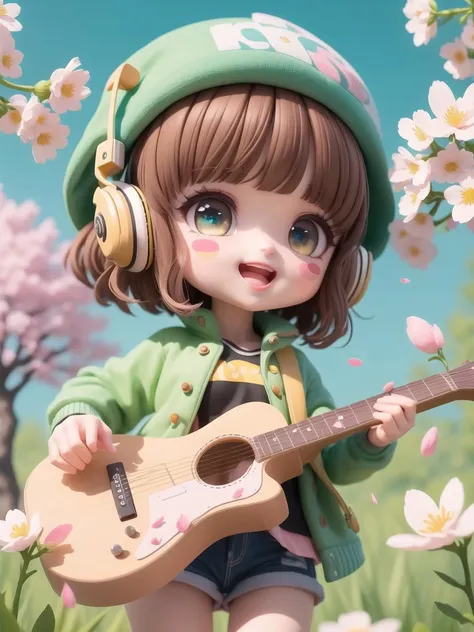 (masterpiece),(best quality),(ultra-detailed), (full body:1.2),
1girl,chibi,cute, smile, open mouth,
flower, outdoors, playing guitar, music, beret, holding guitar, jacket, blush, tree, :3, shirt, short hair, cherry blossoms, green headwear, blurry, brown hair, blush stickers, long sleeves, bangs, headphones, black hair, pink flower,
(beautiful detailed face), (beautiful detailed eyes),
 <lora:blindbox_v1_mix:1>,