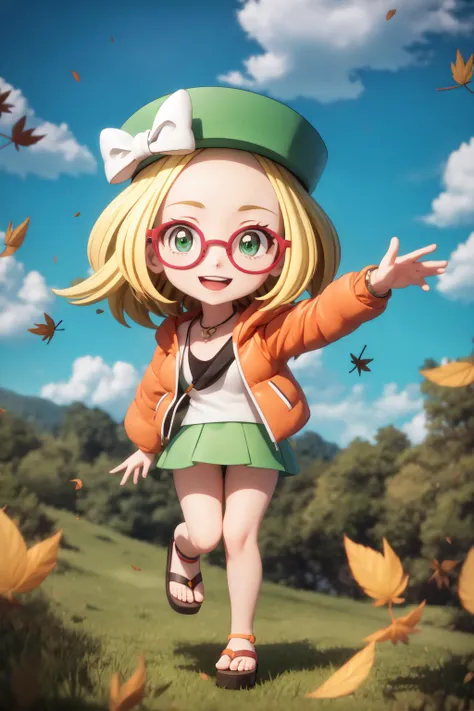 masterpiece, absurdres, Bianca \(pokemon\), solo, full body, chibi, white shirt, orange jacket, green skirt, green headwear, hat bow, white bow, glasses, outdoors, park, wind, floating hair, looking at viewer, smile, (falling (leaves:1.2)), summer, clouds, squatting, double v, sandals, grass, <lora:BiancaBW2Lora:0.6>, wallpaper, sidelighting, <lora:Animemix-v3:0.3> <lora:BlindboxMix:0.75>