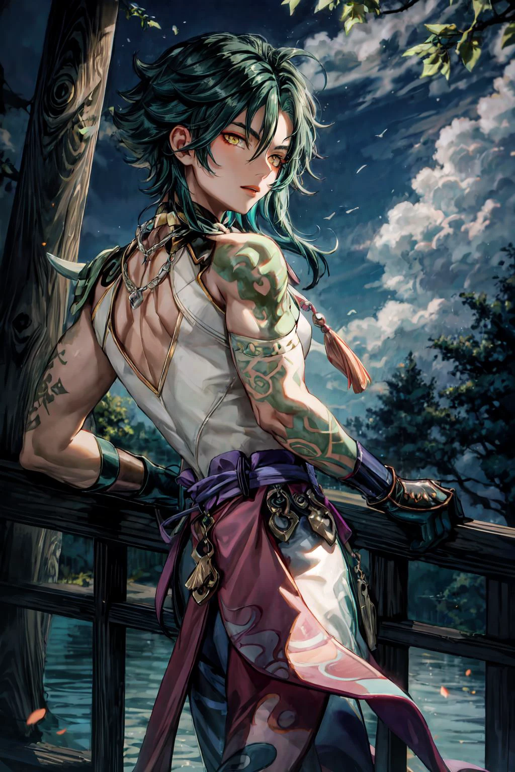 1boy, muscular, mature, green hair, hair between eyes, long hair, yellow eyes, detailed pupils, trees and leaves, night, romantic light, lake in background, glow, Absurdres, Intricate Details, Masterpiece, Best Quality, High Resolution, 8k <lora:add_detail:1> <lora:xiao:1> xiao (genshin impact) gloves, tattoo, arm tattoo, necklace, cloud, jewelry, mask, sky, bead necklace,