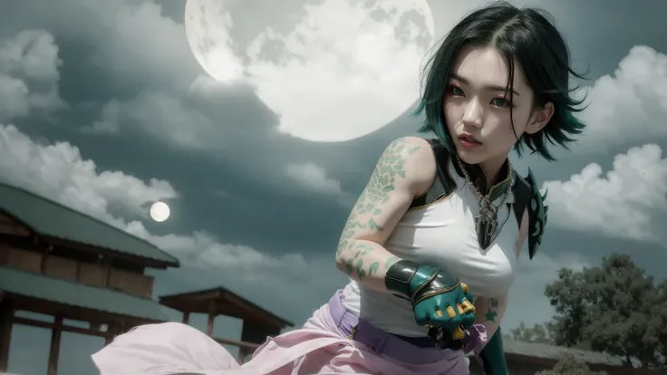 masterpiece, best quality,1girl, female focus, cute girl,solo, xiao (genshin impact), gloves, tattoo, arm tattoo, necklace, cloud, jewelry, mask, sky, (green hair:1.2), short hair,bead necklace, multicolored hair, night, beads, yellow eyes, moon, looking at viewer, weapon, cloudy sky,(kbxll:0.5),<lora:XiaoGenshinImpact_v10:1>