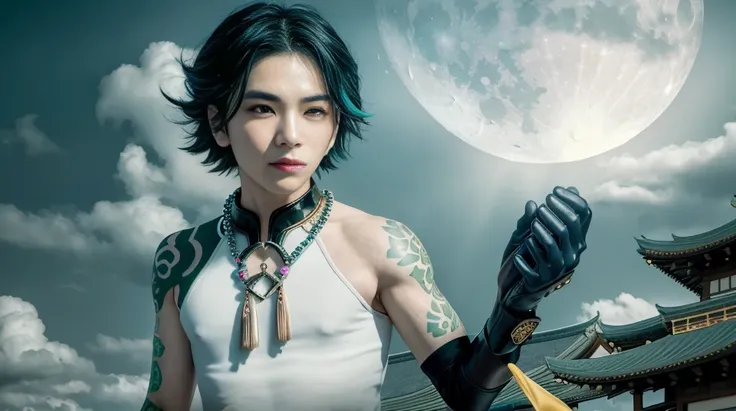 masterpiece, best quality,1boy, male focus, solo, xiao (genshin impact), gloves, tattoo, arm tattoo, necklace, cloud, jewelry, mask, sky, green hair, bead necklace, multicolored hair, night, beads, yellow eyes, moon, looking at viewer, weapon, cloudy sky,(kbxll:0.5),<lora:XiaoGenshinImpact_v10:0.9>
