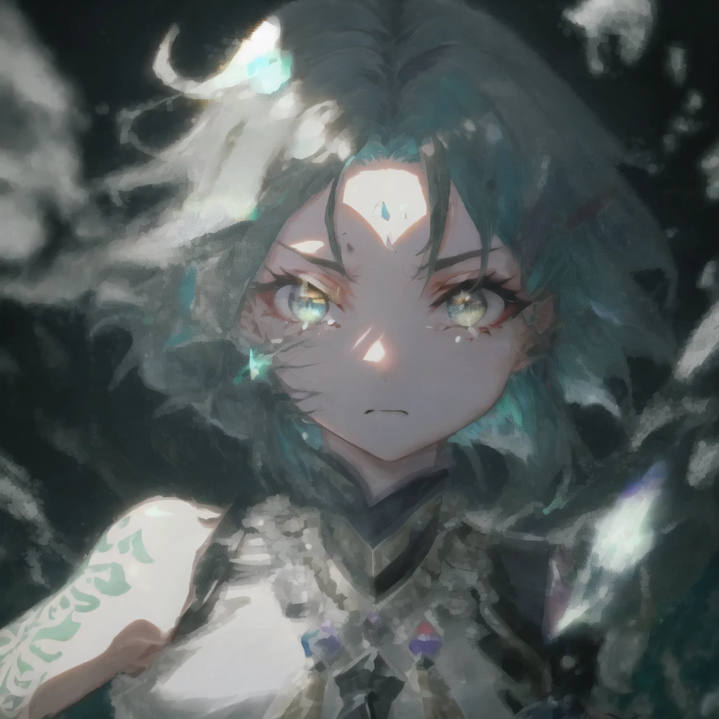 absurdres, best quality, high quality, masterpiece, unreal engine, 8k, illustration, detailed, beautiful, <lora:beautifuleyes:1>, <lora:newestxiao:1>, crying, close-up, yellow eyes, green hair, short hair, tattoo, (forehead tattoo), diamond tattoo, necklace, 1boy, solo focus, male focus, black within green hair, <lora:v1xiaogong-000014:0.6>, <lora:xiaoGenshinimpact_genshinXiaoAPV2:0.5>, xiao \(genshin impact\), light frown, (extreme close up), pupils, tearing up, (face focus), (eye focus), dramatic, slit pupils, black pupils, (parted hair), night sky, angry, closed mouth, male hair, asian,