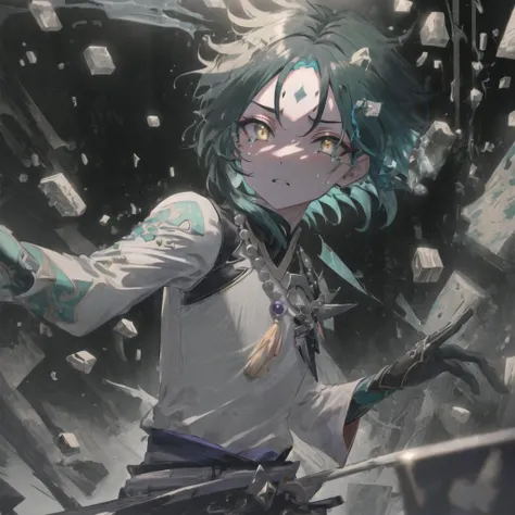 absurdres, best quality, high quality, masterpiece, unreal engine, 8k, illustration, detailed, beautiful, <lora:beautifuleyes:1>, <lora:newestxiao:0.9>, crying, close-up, yellow eyes, green hair, short hair, tattoo, forehead tattoo, necklace, 1boy, solo focus, male focus, black within green hair, <lora:v1xiaogong-000014:0.5>, <lora:xiaoGenshinimpact_genshinXiaoAPV2:0.4>, xiao \(genshin impact\), light frown, extreme close up, pupils, tearing up,