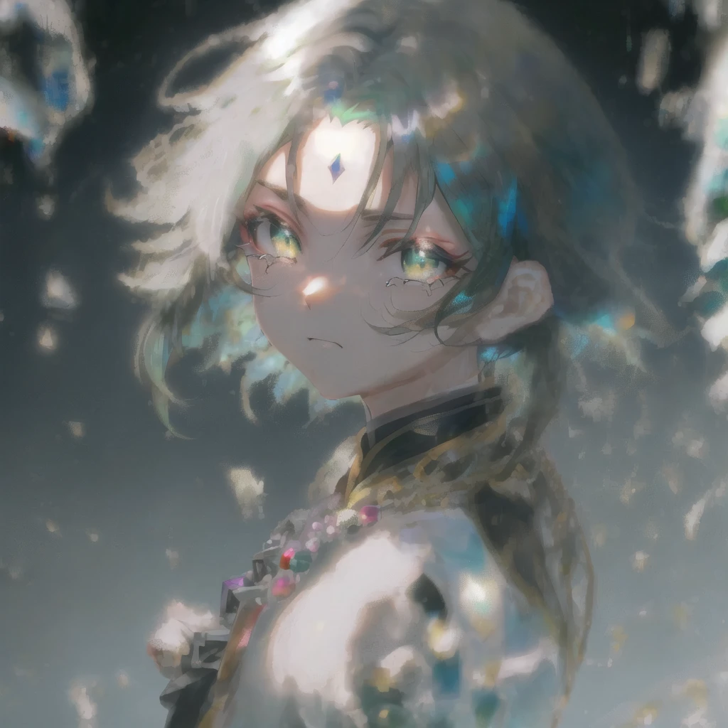 absurdres, best quality, high quality, masterpiece, unreal engine, 8k, illustration, detailed, beautiful, <lora:beautifuleyes:1>, <lora:newestxiao:1>, crying, close-up, yellow eyes, green hair, short hair, tattoo, (forehead tattoo), diamond tattoo, necklace, 1boy, solo focus, male focus, black within green hair, <lora:v1xiaogong-000014:0.6>, <lora:xiaoGenshinimpact_genshinXiaoAPV2:0.5>, xiao \(genshin impact\), light frown, (extreme close up), pupils, tearing up, (face focus), (eye focus), dramatic, slit pupils, black pupils, (parted hair), night sky, angry, closed mouth, male hair, asian,