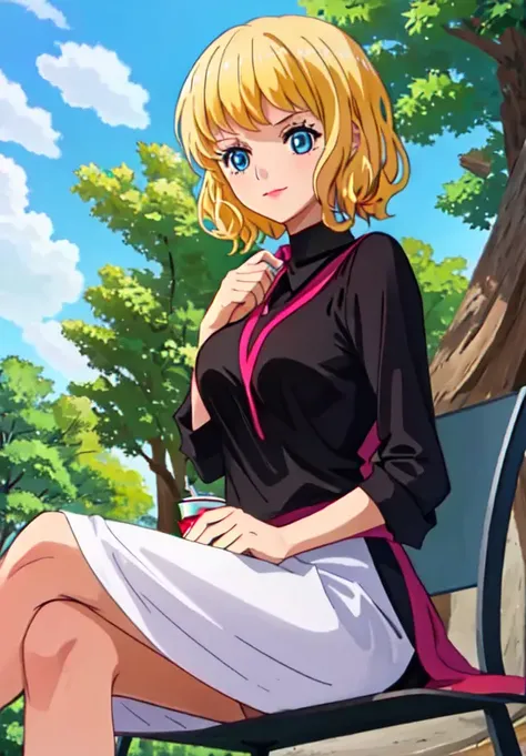 a girl, sitting in the park, drink coffe <lora:Stussy:0.8>