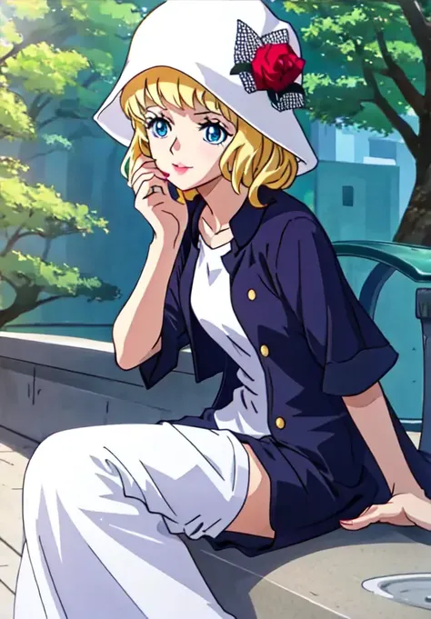 a girl, sitting in the park<lora:Stussy:0.8>