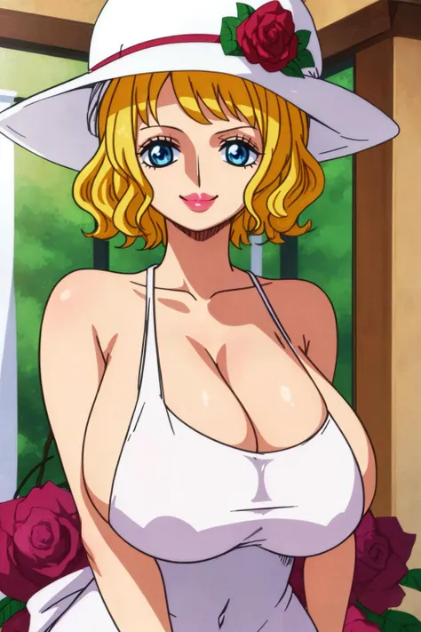 <lora:Stussy_One_Piece:0.7>, stussy_\(one_piece\), 1girl, blue eyes, blonde hair, white_dress, flower, hat, rose, short hair, smile, huge_breasts, hat flower, lips, standing, bare_shoulders, room,