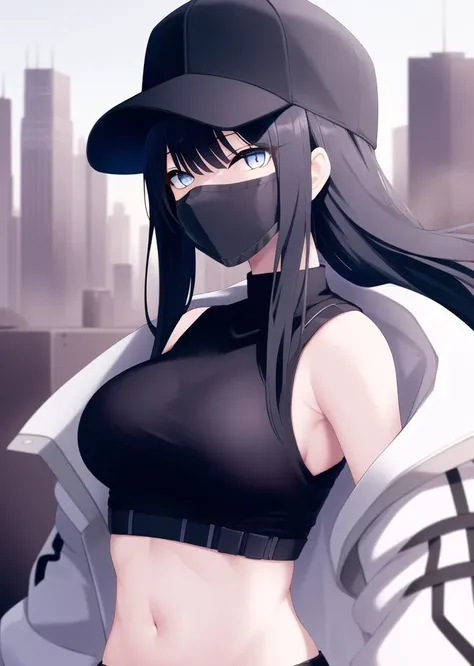 masterpiece, high quality, beautiful detailed eyes, upper body, 4k resolution, (city, outside, sunny,) Saori (Blue Archive), 1girl, solo, long hair, breasts, looking at viewer, bangs, blue eyes, large breasts, shirt, black hair, hat, long sleeves, bare shoulders, naval, stomach, medium breasts, jacket, open clothes, sleeveless, black gloves, black shirt, sleeveless shirt, black pants, white jacket, baseball cap, black belt, black face mask, random poses, dynamic,