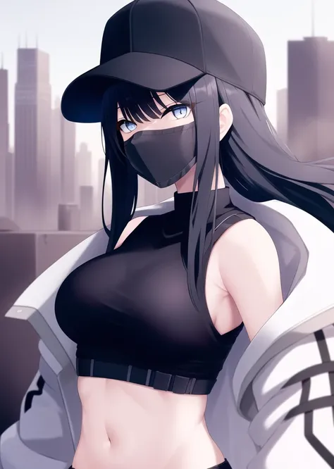 masterpiece, high quality, beautiful detailed eyes, upper body, 4k resolution, (city, outside, sunny,) Saori (Blue Archive), 1girl, solo, long hair, breasts, looking at viewer, bangs, blue eyes, large breasts, shirt, black hair, hat, long sleeves, bare shoulders, naval, stomach, medium breasts, jacket, open clothes, sleeveless, black gloves, black shirt, sleeveless shirt, black pants, white jacket, baseball cap, black belt, black face mask, random poses, dynamic,