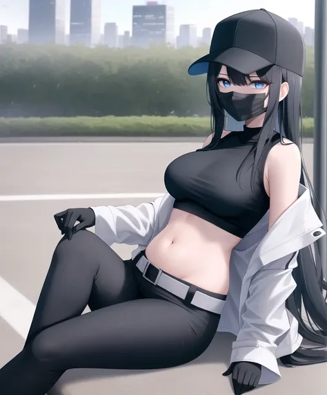 masterpiece, high quality, beautiful detailed eyes, upper body, 4k resolution, (city, outside, sunny,) Saori (Blue Archive), 1girl, solo, long hair, breasts, bangs, blue eyes, large breasts, shirt, black hair, hat, long sleeves, bare shoulders, naval, stomach, medium breasts,  jacket,  open clothes, sleeveless, black gloves, black shirt, sleeveless shirt, black pants, white jacket, baseball cap, black belt, black face mask, sits, full body,