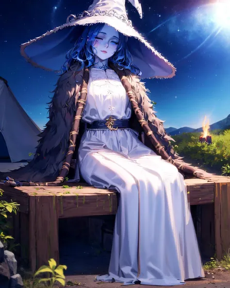 ranni the witch, one eye closed, witch hat, dress, (extra arms), solo, ring, fur cloak, white dress, large hat, white headwear, blue lips <lora:ranni_v1-000009:0.8> (masterpiece:1.5), illustration, 4k, 8k, (high quality:1.1), highly detailed, detailed face, HDR, vivid colors, natural lighting, (pretty eyes), beautiful face, full body, 1girl, , belt, medium breasts, sitting, outdoors, camping, tent, (campfire), rocks, flashlight, sleeping bag, (night), milky way,