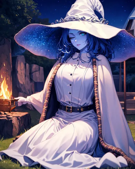 ranni the witch, one eye closed, witch hat, dress, (extra arms), solo, ring, fur cloak, white dress, large hat, white headwear, blue lips <lora:ranni_v1-000009:0.8> (masterpiece:1.5), illustration, 4k, 8k, (high quality:1.1), highly detailed, detailed face, HDR, vivid colors, natural lighting, (pretty eyes), beautiful face, full body, 1girl, , belt, medium breasts, sitting, outdoors, camping, tent, (campfire), rocks, flashlight, sleeping bag, (night), milky way,