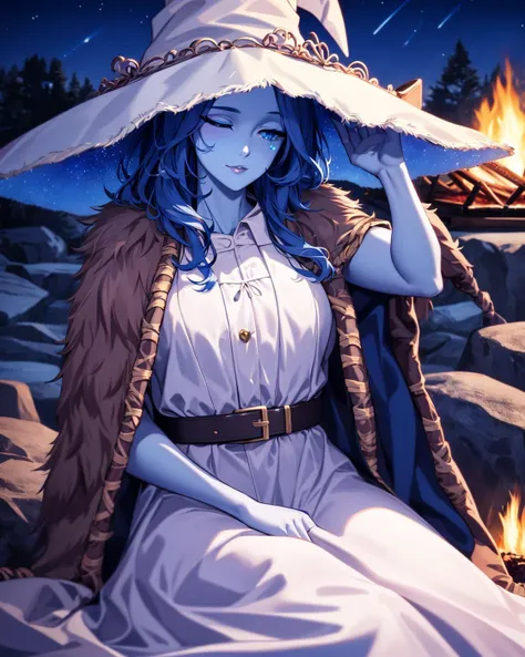 ranni the witch, one eye closed, witch hat, dress, (extra arms), solo, ring, fur cloak, white dress, large hat, white headwear, blue lips <lora:ranni_v1-000009:0.8> (masterpiece:1.5), illustration, 4k, 8k, (high quality:1.1), highly detailed, detailed face, HDR, vivid colors, natural lighting, (pretty eyes), beautiful face, full body, 1girl, , belt, medium breasts, sitting, outdoors, camping, tent, (campfire), rocks, flashlight, sleeping bag, (night), milky way,