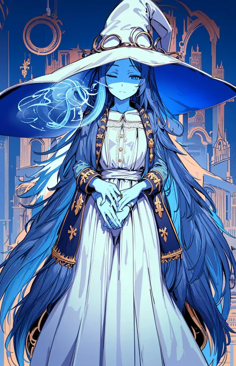 ranni the witch, one eye closed, witch hat, dress, (extra arms:1.2), solo, ring, fur cloak, white dress, large hat, white headwear, blue lips <lora:ranni_v1-000008:0.8>masterpiece, best quality, ultra-detailed, city, street, gothic, steampunk, illustration, 1girl, (solo), platinum long hair, boots, from behind, vintage, antique, brass, metal, gears, machinery, ornate, elegant, classic, sophisticated, refined, poised, contemplative, thoughtful, curious, mysterious, enigmatic, magical, watchful, intelligent, bookish, contrast, perspective, depth, texture, detail, realism, impressionistic, expressionistic, abstract, surrealistic, innovative, experimental, unique, atmosphere, ambiance, mood, nostalgia, historical, cultural, technological, industrial, fantasy, imagination, creativity, artistry, craftsmanship, skill, precision, detail, composition, balance, harmony, rhythm, colorful, darker, reflection, refraction, foreground, middle ground, background, vanishing point, horizon line, focal point, naturalistic, figurative, representational,
