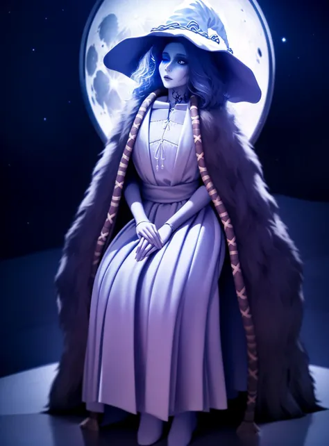 masterpiece, best quality, ranni the witch, extra arms, fur cloak, solo, witch hat, white dress, white headwear, full body, dark night, moon<lora:ranni_v1-000009:1>