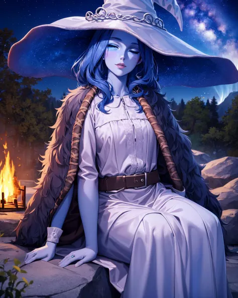 ranni the witch, one eye closed, witch hat, dress, (extra arms), solo, ring, fur cloak, white dress, large hat, white headwear, blue lips <lora:ranni_v1-000009:0.8> (masterpiece:1.5), illustration, 4k, 8k, (high quality:1.1), highly detailed, detailed face, HDR, vivid colors, natural lighting, (pretty eyes), beautiful face, full body, 1girl, , belt, medium breasts, sitting, outdoors, camping, tent, (campfire), rocks, flashlight, sleeping bag, (night), milky way,