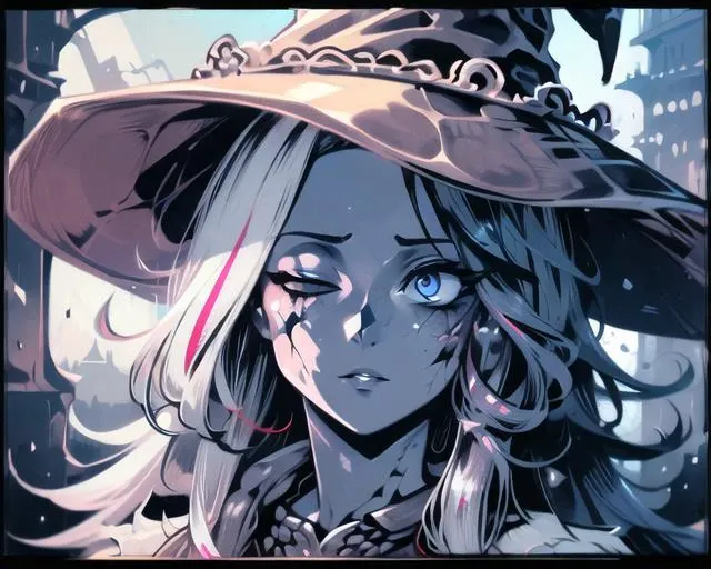 (masterpiece, best quality:1.1),fantasy, intricate, illustration ,soft lighting,specular lighting,
extremely detailed, hyper detailed:1.2, realistic, perfect face, ,sharp focus, (4k), detailed background
1girl, solo, detailed eyes, streaked hair,thick eyelashes,long eyelashes, full body:1.3, <lora:Ranni The Witch:1>, ranni the witch,witch hat,dress,ring,fur cloak,large hat,white headwear, cracked skin, doll joints, multiple arms:1.3, 4 arms:1.3, cracked face
looking at viewer, urban area, <lora:beautifulDetailedEyes:0.6>, <lora:BigrBear:0.3>, left eye closed, dynamic pose, castle, ultra wide shot, gothic environment , starlights, messy hair, frizzy hair:1.2 , elden ring, <lora:Cyberpunk 2077 Tarot:0.8>