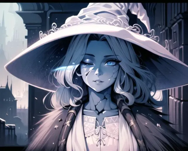 (masterpiece, best quality:1.1),fantasy,  intricate,  illustration  ,soft lighting,specular lighting, 
extremely detailed, hyper detailed:1.2, realistic,   perfect face, ,sharp focus, (4k), detailed background 
1girl, solo, detailed eyes, streaked hair,thick eyelashes,long eyelashes, full body:1.3,  <lora:Ranni The Witch:1>,  ranni the witch,witch hat,dress,ring,fur cloak,large hat,white headwear, cracked skin, doll joints, multiple arms:1.3, 4 arms:1.3, cracked face
looking at viewer,  urban area,  <lora:beautifulDetailedEyes:0.6>,  <lora:BigrBear:0.3>, left eye closed, dynamic pose, castle, ultra wide shot, gothic environment , starlights,  messy hair, frizzy hair:1.2 ,   elden ring,     <lora:Cyberpunk 2077 Tarot:0.5>
