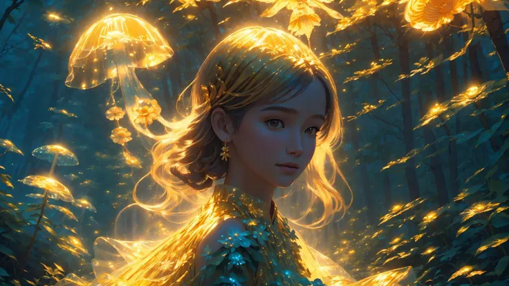 girl, ((looking at viewer)), direct lighting, sun shafts, 4k, sharp focus, detailed, detailed skin, walking down fantasy forest path, (glowing golden flowy sundress), short flowy dress, asian, (long hair), close up, dynamic, leaves in the air, <lora:jellyfish-noise:0.7> jellyfishforest, <lora:sung:0.6>, <lora:bioluminescent_dress-1.0:1> bioluminescent dress