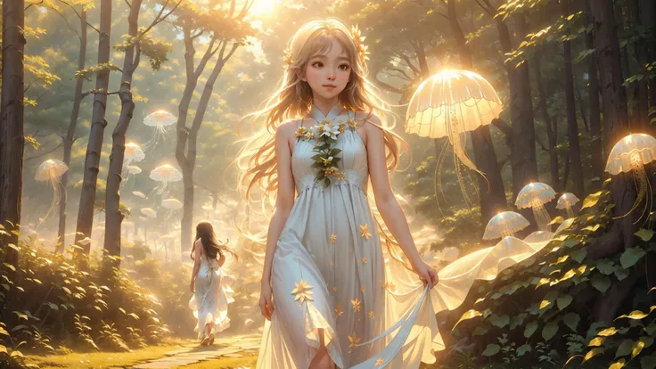 girl, sun shafts, 4k, sharp focus, detailed, detailed skin, walking down fantasy forest path, (white flowy sundress), short flowy dress, asian, (long hair), close up, dynamic, leaves in the air, <lora:jellyfish-noise:0.7> jellyfishforest, <lora:sung:1> snug