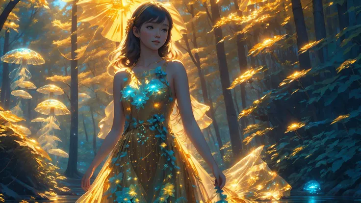 girl, ((looking at viewer)), sun shafts, 4k, sharp focus, detailed, detailed skin, walking down fantasy forest path, (golden flowy sundress), short flowy dress, asian, (long hair), close up, dynamic, leaves in the air, <lora:jellyfish-noise:0.7> jellyfishforest, <lora:sung:0.6>, <lora:bioluminescent_dress-1.0:1> bioluminescent dress