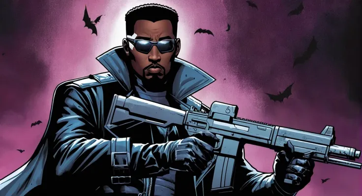 Dark Fantasy Art of Blade the daywalker
<lora:Blade the daywalker:1>
Blade the daywalker a vampire man with a MAC-11 gun in his hand
art style by marvel comics style
<lora:Vampire-000003:1> , dark, moody, dark fantasy style