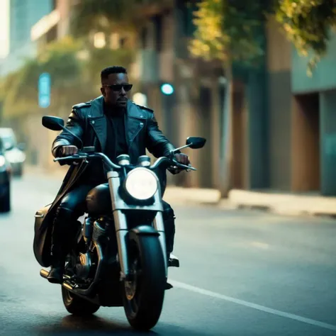 cinematic film still of Blade the daywalker
<lora:Blade the daywalker:1>
Blade the daywalker a man riding a motorcycle down a street
 <lora:Vampire-000003:1.2> , shallow depth of field, vignette, highly detailed, high budget, bokeh, cinemascope, moody, epic, gorgeous, film grain, grainy