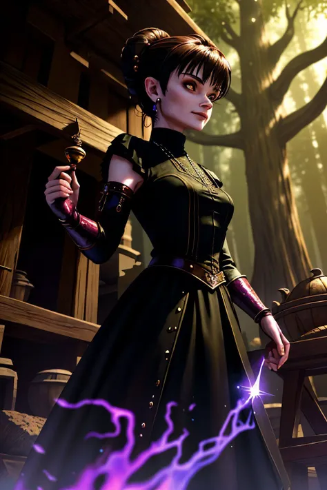 (professional 3d model, octane render, highly detailed, volumetric, dramatic lighting:1.2) <lora:AudreyHepburn_v1-000030:.9> AudreyHepburn (style-sylvamagic:1.0), portrait, looking up, solo, (full body:0.6), detailed background, detailed face, (<lora:OxideTech:0.6>, scifi, oxidetech theme:1.1), (evil:0.7) smile, forest witch, wearing (Safety orange (blaze orange):0.7) druidic robes, armbands, rustic hut in the forest, outdoors, vines, herbs, spices, mushrooms, potions, beads, roots, casting spell, (purple:0.7) magic light, floating particles, dark sinister atmosphere, dim lighting