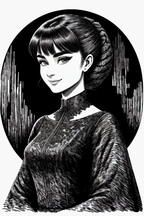 (scratchboard style, monochrome, texture, highly detailed, engraving:1.2) upper body <lora:AudreyHepburn_v1-000030:.9> AudreyHepburn, focus on smiling face, wearing a ballgown , her hair is styled as side swept bangs hair,