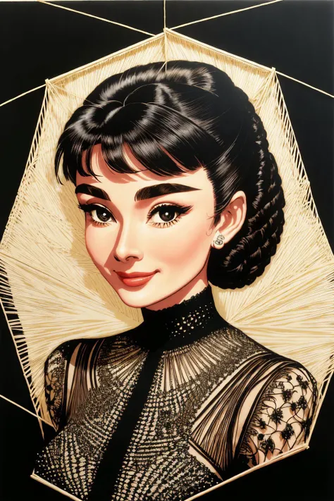 (string art style, geometric, threaded, intricate, detailed:1.2) <lora:AudreyHepburn_v1-000030:.9> AudreyHepburn, focus on eyes, close up on face, huge smile, hair styled big curls hair