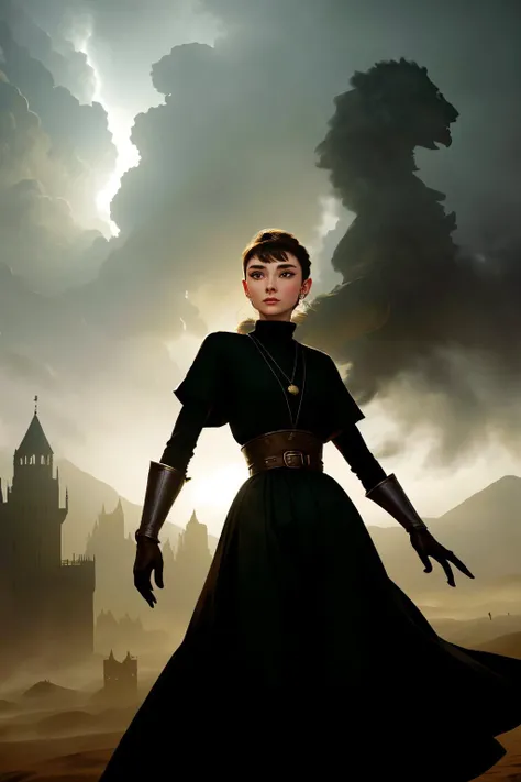 <lora:AudreyHepburn_v1-000030:.9> AudreyHepburn Style-GravityMagic, solo, (full body:0.6), looking down, detailed background, detailed face, (<lyco:DecorationBundlev2:0.6> EbonyGoldAI theme:1.1), focus on eyes, calm, witcher, adventurer, wearing Sand padded witcher clothes, elaborate, visible scars, torn cloak trinkets, witcher gear, griffin witcher symbol, dynamic pose, glowing tattoos, supernatural abilities, <lora:LightingVFX:0.2>, storm clouds in background, misty haze, dust particles, backlighting, dark atmosphere,