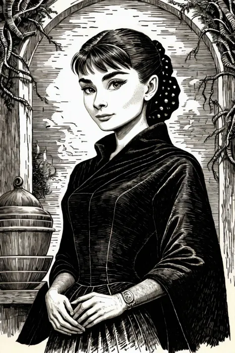 (etching style, monochrome, texture, highly detailed, engraving:1.2) <lora:AudreyHepburn_v1-000030:.9> AudreyHepburn looking up, solo, upper body, detailed background, detailed face, (<lora:ToxicPunkAI:0.6>, ToxicPunkAI theme:1.1), (evil:0.7) smile, hermit, wearing (Eggplant:0.7) druidic robes, armbands, rustic hut in the forest, outdoors, potted plants, ivy, vines, moss, potions, beads, witchcraft, dark sinister atmosphere, dim lighting