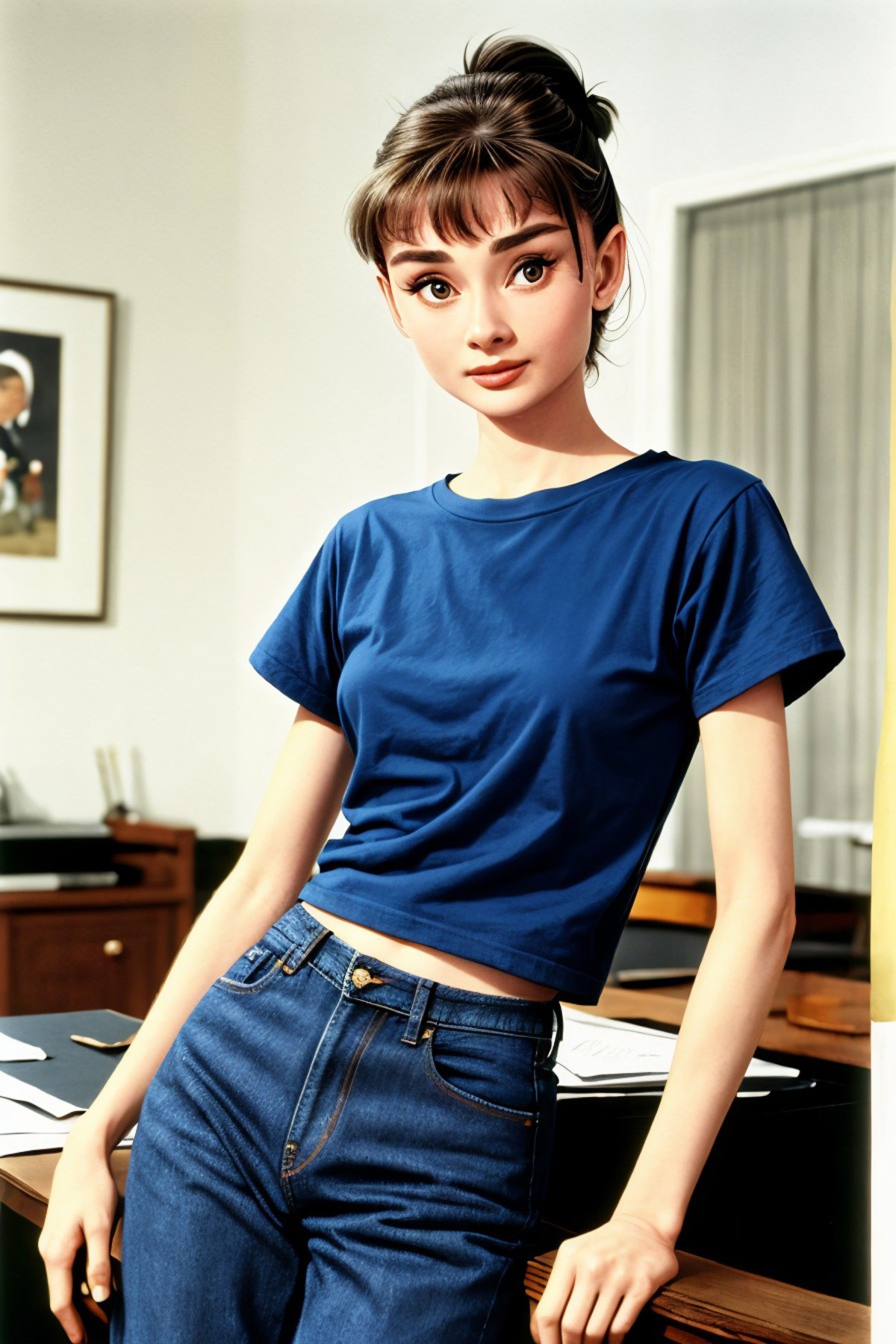 Arafed woman in blue shirt and jeans posing for a picture - SeaArt AI