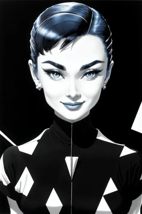 (op art style, optical illusions, black and white, geometric, detailed:1.2) <lora:AudreyHepburn_v1-000030:.9> AudreyHepburn, focus on eyes, close up on face, huge smile, carolina blue color hair styled Straight Sleek and Curled