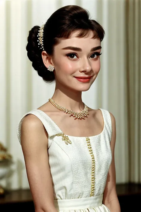 <lora:AudreyHepburn_v1-000014:.9> AudreyHepburn, focus on eyes, close up on face, grinning, wearing jewelry, hair styled french fishtail updo