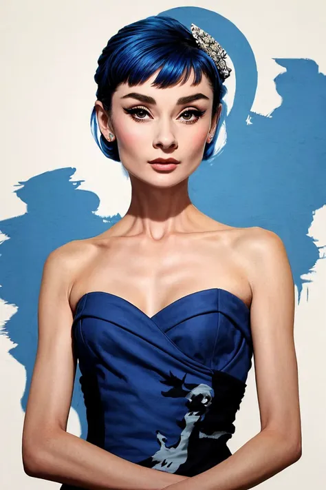 (stencil art style, bold, urban, Banksy style, detailed:1.15), upper body <lora:AudreyHepburn_v1:.9> AudreyHepburn, focus on face, wearing an elegant evening gown , her duke blue color hair is styled as wispy bangs hair,