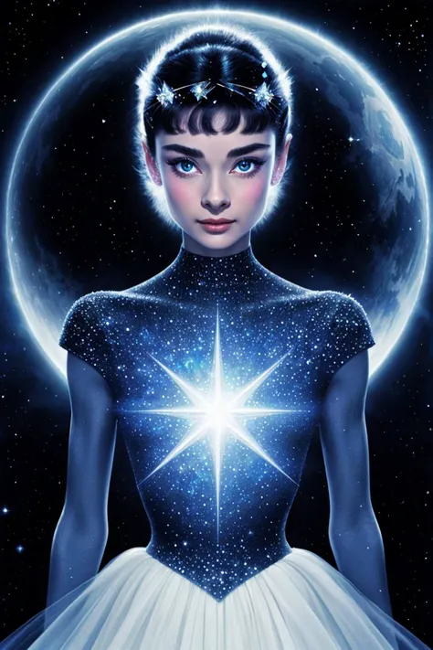 1girl, (medium wide shot:1.4), ancient artifacts, (complex petal structure:1.4), space background, (yellow and blue entanglement:1.2), crystal and silver entanglement, cinematic contrast lighting, (looking at viewer:1.4), (gigantic breasts:1.2),