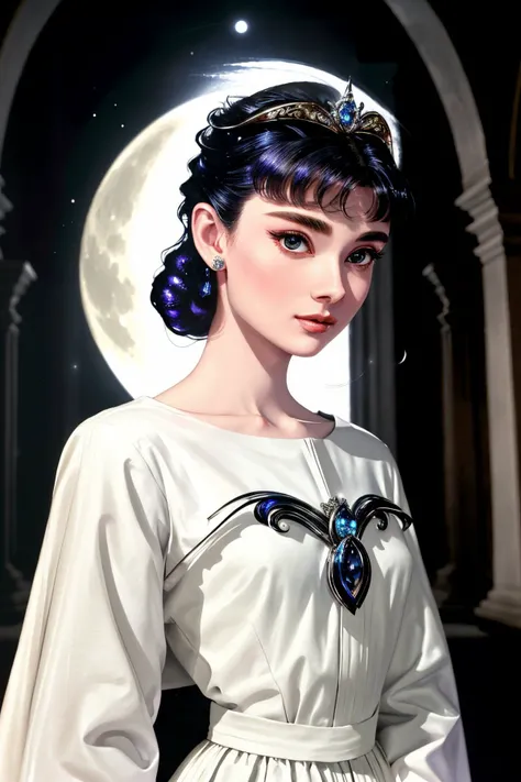 <lora:AudreyHepburn_v1-000030:.9> AudreyHepburn portrait, looking at viewer, solo, (full body:0.6), detailed background, close up, shining (<lyco:DecorationBundlev2:0.6>, SilverSapphireAI theme:1.1), divine deity of the night, crescent moon, moonlight, pale skin, majestic divine atmosphere, bright light, holy aura, bloom, halo above head, divine light, white clothes, relaxed composure,