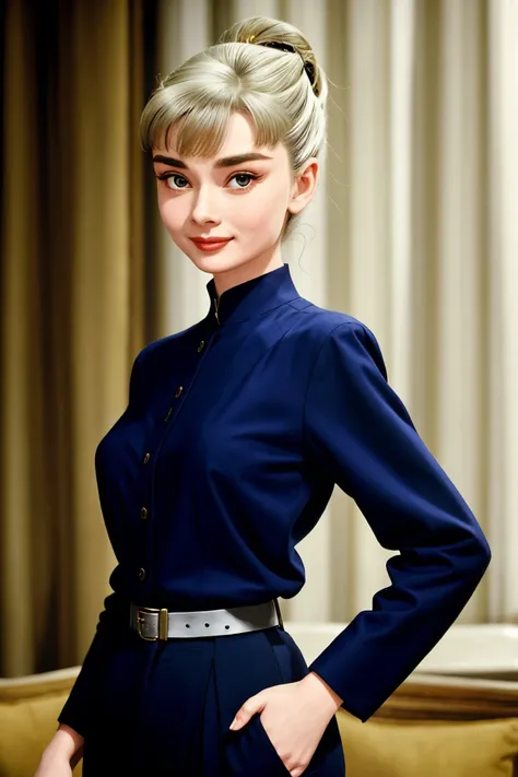 upper body <lora:AudreyHepburn_v1-000030:.9> AudreyHepburn, focus on smiling face, wearing a pant suit , her light ecru color hair is styled as french twist,