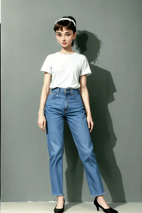 (full body shot:1.4), <lora:AudreyHepburn_v1:.9> AudreyHepburn wearing a t-shirt and jeans