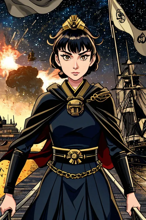 realistic photo of <lora:AudreyHepburn_v1:.9> AudreyHepburn, solo, half shot, looking at viewer, detailed background, detailed face, (feudal japan theme:1.1), admiral, confident, Titanium yellow naval uniform, elaborate cloak, admiral's cap, flag, on deck of ship, rigging, anchor, navigational instruments, chaotic naval battle with explosions in background, starry sky, strategy, cinematic atmosphere,